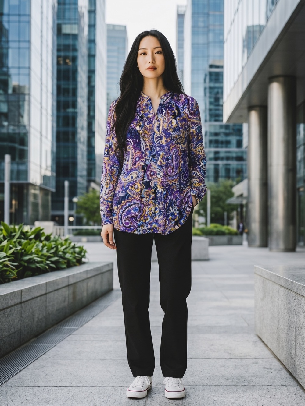 New Susan Graver Purple Paisley Chiffon Button Down Shirt Size L